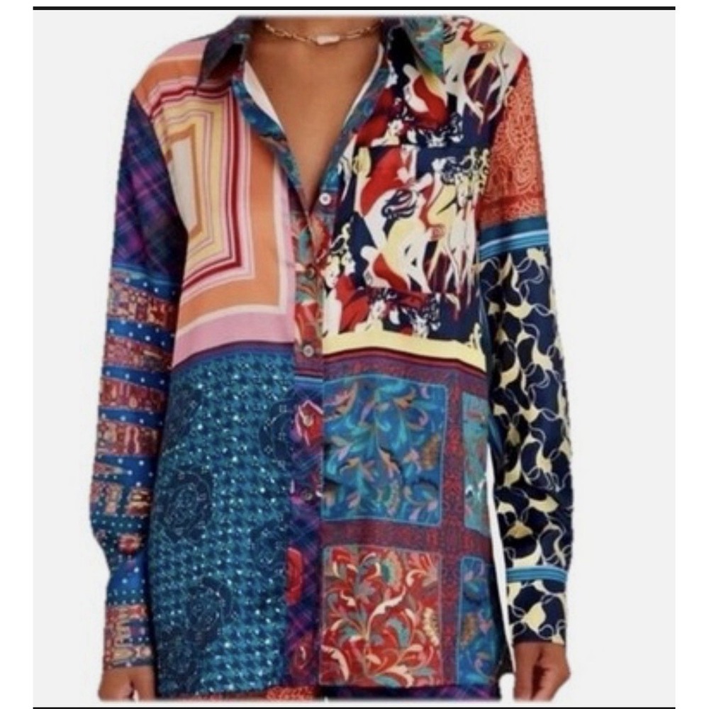 STAUD Martha Patchwork Satin Twill Tunic Button Blouse Multi Color Print Top L